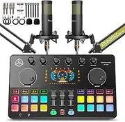 Podcast Equipment Bundle for 2, Audio Mixer with XLR Dynamic Microphone, Voice Change,RGB, Bluetooth for Vocal Recording Podcasting,Streaming Singing TikTok, PC, Smartphone COMMANDER M100 3rd