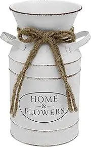 [Fovasen] Rustic Flower Vase for Decor,White Vintage Farmhouse Vase Galvanized Milk Can for Porch Home Kitchen Coffee Table Decor-7.5" H
