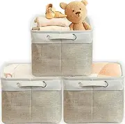 SimpleHouseware 3 Pack Fabric Storage Basket Bins, 36 x 25 cm with Linen Handle, Beige