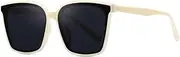 [HMKING] Large Retro Square Frame Polarized Sunglasses for Mens Womens Retro Mirrored Lens Sun glasses for Driving Fishing, Off-white-gray