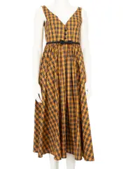 Orange & Black Checkered V-Neck Midi Dress