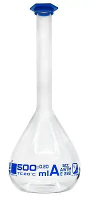 Eisco Labs 500ml Volumetric Flask with Snap Cap, Class A - Blue Graduation Mark