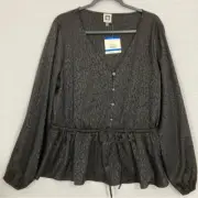 New Anne Klein Black Leopard Print V Neck Button Tie Front Blouse size XL