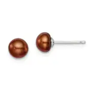 Sterling Silver Rh-Plated 6-7mm Brown Fw Cultured Button Pearl Stud Earring