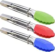 HINMAY Mini Tongs with Silicone Tips 7-Inch Serving Tongs, Set of 3 (Green Red Blue)