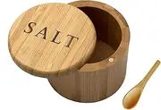 Salt Cellar, Bamboo Salt Box, Salt Container with Spoon, Salt Holder with Lid, Salt Shaker, Cumin and Pepper Bowl with Magnetic Swivel Lid (1 Box with Engraved Salt)… (Salt Engraved)