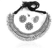 [Samyuktha] Premium Traditional Silver Jewelry Oxidised Silver Threaded Choker Necklace Set for Women, Brass, No Gemstone