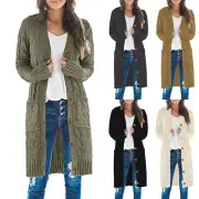 Womens Long Sleeve Knitted Long Cardigan Open Front Button Sweater Outerwear Top