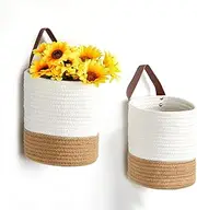 DULLEMELO Small Hanging Basket with Handle Set of 2 Hanging Wall Baskets, Wall Hanging Baskets for Organizing Wall Plants, Key, Sunglasses Small Woven Basket,White&Brown