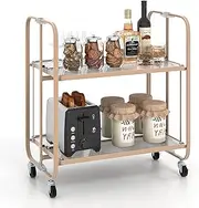 Giantex 2-Tier Mobile Serving Cart, Foldable Storage Cart w/Tempered Glass Shelf & Powder-Coated Metal Frame, Kitchen Trolley on Lockable Wheels, Modern Utility Cart for Dining Room Living Room, Pink