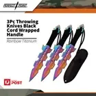 Perfect Point 3pc Throwing Knives Black Cord Wrapped Handle Rainbow Titanium