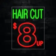 Hair Cut $8 up Sign for Business Displays | LED Flex Neon | 24"W x 31"H x 1"D