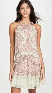 $450 Rebecca Taylor Floral Lucia Silk Tie Neck Tiered Mini Dress Pink Metalic XS