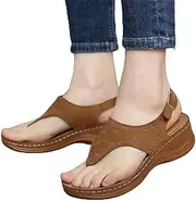 [XBCDX] Womens Platform Flip Flops Wedge Open Toe Sandals Beach Breathable Buckle Ankle Strap Clip Toe Sandals Summer Ladies Sandals Sliders Shoes,Brown,US9/EU40
