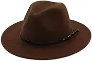 [lingding] Women's Wool Outback Hat Panama Hat Wide Brim Women Belt Buckle Fedora Hat Crazy Heifer Hat, Brown, One Size