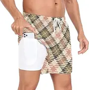 [GuoChe] Men Beach Shorts Men 2 in 1 Workout Shorts Plaid Cream Pink Brown with Pockets Inseam Board Shorts Lightweight