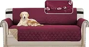 [Smarcute] Couch Covers XL 3 Seater Sofa Covers Sofa Protectors for Dogs/Pets/Kids Furniture Covers Waterproof Soft Thick Quilted, Non Slip with Strap (Checked Pattern, Reversible Burgundy/Tan)