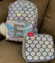 JUSTICE BACKPACK & LUNCHBOX INITIAL “E” MERMAID SEQUINS SHIMMERING IRIDESCENT