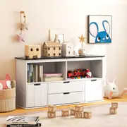 Giantex Kids Storage Cabinet Toy Organiser w/Blackboard Top & 2 Bins & 2 Drawers & Open Shelf Toy Display Chest Kids Room Playroom