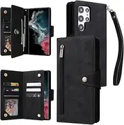 [YocoverTech] for Samsung S22 Ultra 5G Case,for Galaxy S22 Ultra 5G Wallet Case[6 Card Slots and 1 Zipper Coin Pocket] PU Leather Stand Flip Cover with Wrist Strap[6.8 inch]-Black