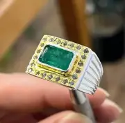Emerald Cut Natural Emerald Ring Sawat Emerald Stone Sterling Silver 925 Ring