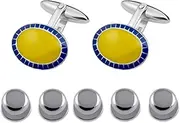 [Select Gifts] Sterling Silver Oval Enamelled Yellow & Blue Cufflinks Shirt Dress Studs Gift Set