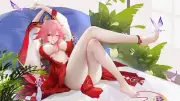 Anime girls genshin impact yae miko pink eyes one eye Playmat Gaming Mat Desk