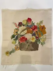 VINTAGE CREWEL EMBROIDERY OF BASKET OF FLOWERS UNFRAMED