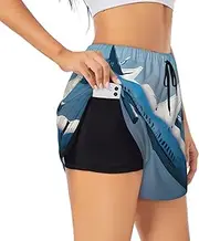 [WURTON] Airplanes Print Exercise Gym Workout Shorts Women's Athletic Shorts Dual-Layered Yoga Running Shorts