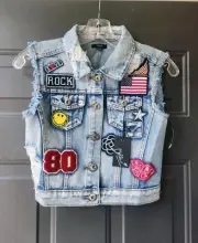 Girl's Chiqle Denim Architect Cotton Distressed Jacket Vest W Patches New Size S