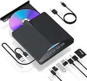 7-in-1 USB 3.0 External DVD Burner with Type-C Multi-Function CD/DVD Drive, SD/TF Card Reader, 4 USB Ports, and Smart LED Light for Laptop, PC, and Mac