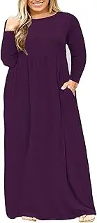 [Nemidor] Women Long Sleeve Loose Plain Casual Plus Size Long Maxi Dress with Pockets (30, Purple+Sleeve)