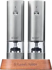 Russell Hobbs 7942JP Electric Mill, Rechargeable, Salt & Pepper, Rock Salt, Pepper, Spices, Adjustable Coarseness, Mini, Set of 2, Silver