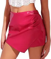 [RIOJOY] Women's Faux Leather Shorts High Waist Short Skirt Asymmetrical Ruched Wrap Skorts Skirts
