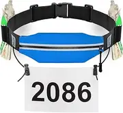 [RJ-Sport] Slim Running Belt Race Number Belt Runners Pouch Triathlon Race Belt BIB Holder with 6 Energy Gel Loops for Workout, Jogging, Triathalon, Marathon, Running and Cycling, 02 Blue, One Size, Sport