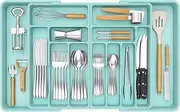 Lifewit Large Silverware Drawer Organizer, Expandable to 36 Inches Wide, BPA Free Plastic Utensil Tray for Kitchen, Adjustable Flatware and Cutlery Holder for Spoons Forks Knives, Turquoise