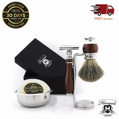 Haryali Shaving Kit Badger Shaving Brush Safety Razor Shaver Soap Bowl Stand Set