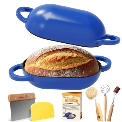 Enameled Cast Iron Oval Bread Oven with Non-Stick Silicone Liner, 2QT, Blue, ...