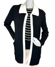 NWT ST. JOHN Knit Open Jacket Cardigan Small Black White Trim Collar Pockets