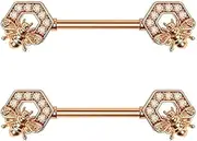 [Blue Palm Jewelry] Pair of Rose Gold Plated Bee and Honeycomb Nipple Shields Barbell Rings 14 Gauge 9/16 Inch Barbell Body Piercing Jewelry F217, Synthetic Resin, no gemstone