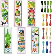 INFUNLY 6pcs DIY Cross Stitch Bookmark Kit - Plant & Black Cat Patterns - Easy Cross Stitch Kits for Adults & Beginners - Includes Instructions & Accessories