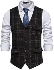 [SMBHIAON] Business Waistcoat For Men - Personalized Color Block Plaid V-Neck Design Single Breasted Gentlemen Occasions Suit Vest,Classic Slim Fit Pockets Tuxedo Suit Vest