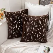 2x Square Throw Pillows Decorative Faux Fur Silver Feathers Silver Leaves Cushion Cases Soft Fluffy(Inserts + Pillow Covers, Coffee)