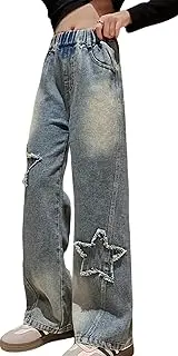 Happy Cherry - Girls Denim Pants Kids Wide-Leg Ripped Baggy Jeans Elastic High Waist Trousers Loose Casual Cargo Pants Y2K Vintage Retro Straight Jeans Street Wear with Pockets Age 5-15 Years