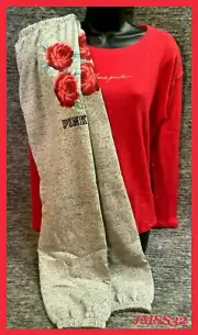 Victoria's Secret Pink Tee Shirt + Classic Pants Set Floral Red Gray Roses M NIP
