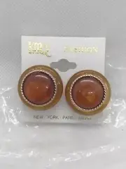 New 1980's Root Beer Lucite & Marbled Swirl Amber Medallion Clip On Earrings
