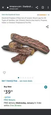 Stanbroil Fireplace 4 Piece Set of Ceramic Wood Logs for All Types of Ventles...