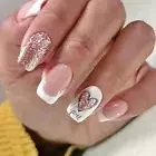 White French Tip Press on Nails Glitter Heart Fake Nails Rose glitter heart