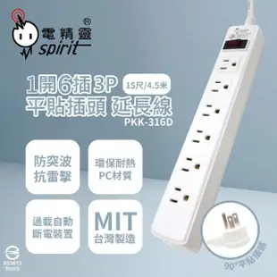 【電精靈spirit】2入組 台灣製造 PKK-316D 15尺 4.5米 1開6插 3P 插座 平貼插頭 電腦延長線