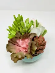 7" Artificial MAUVE PINK mixed Succulent Garden #16, Blue Ceramic Bowl Planter